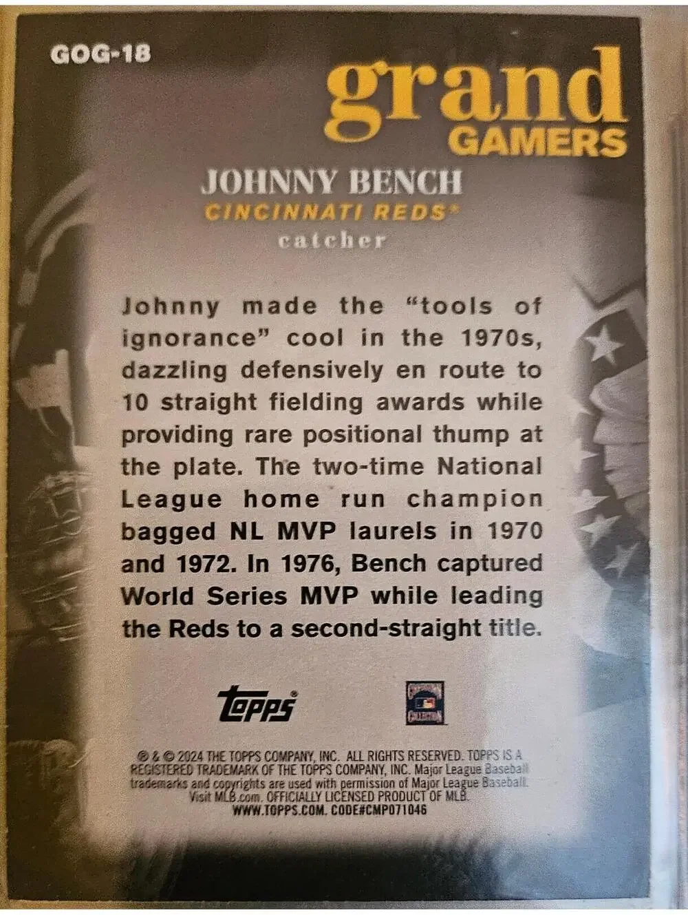 2024 Topps Series 1 Johnny Bench #GOG-18 Grand Gamers - Cincinnati Reds